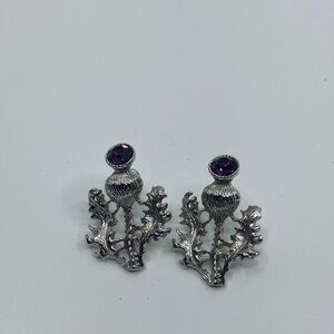 Vintage Silver Tone & Rhinestone Scottish Thistle Flower Pierced Earrings